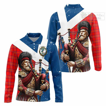 Burnett Tartan Long Sleeve Polo Shirt with Family Crest Scottish Bagpiper Vibes