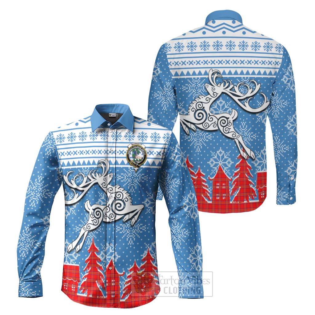 Tartan Vibes Clothing Burnett Clan Christmas Long Sleeve Button Shirt Celtic Reindeer Style