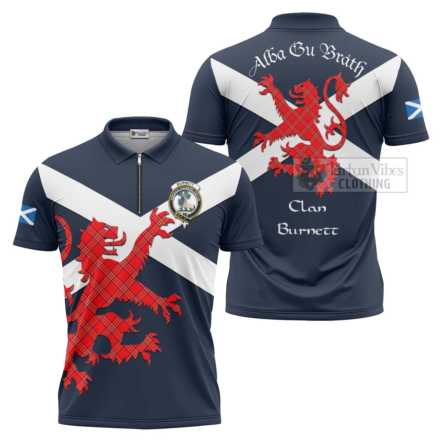 Tartan Vibes Clothing Burnett Tartan Lion Rampant Zipper Polo Shirt – Proudly Display Your Heritage with Alba Gu Brath and Clan Name