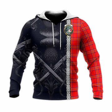 Burnett Tartan Knitted Hoodie with Family Crest Cross Sword Thistle Celtic Vibes