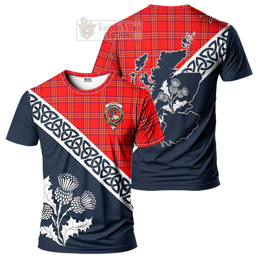 Burnett Tartan T-Shirt Featuring Thistle and Scotland Map