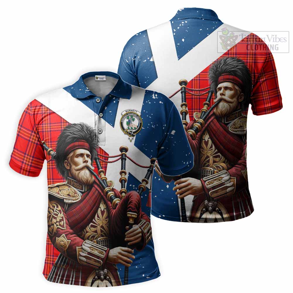 Tartan Vibes Clothing Burnett Tartan Polo Shirt with Family Crest Scottish Bagpiper Vibes