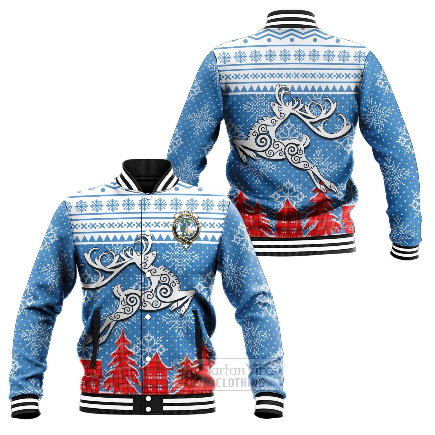 Tartan Vibes Clothing Burnett Clan Christmas Baseball Jacket Celtic Reindeer Style