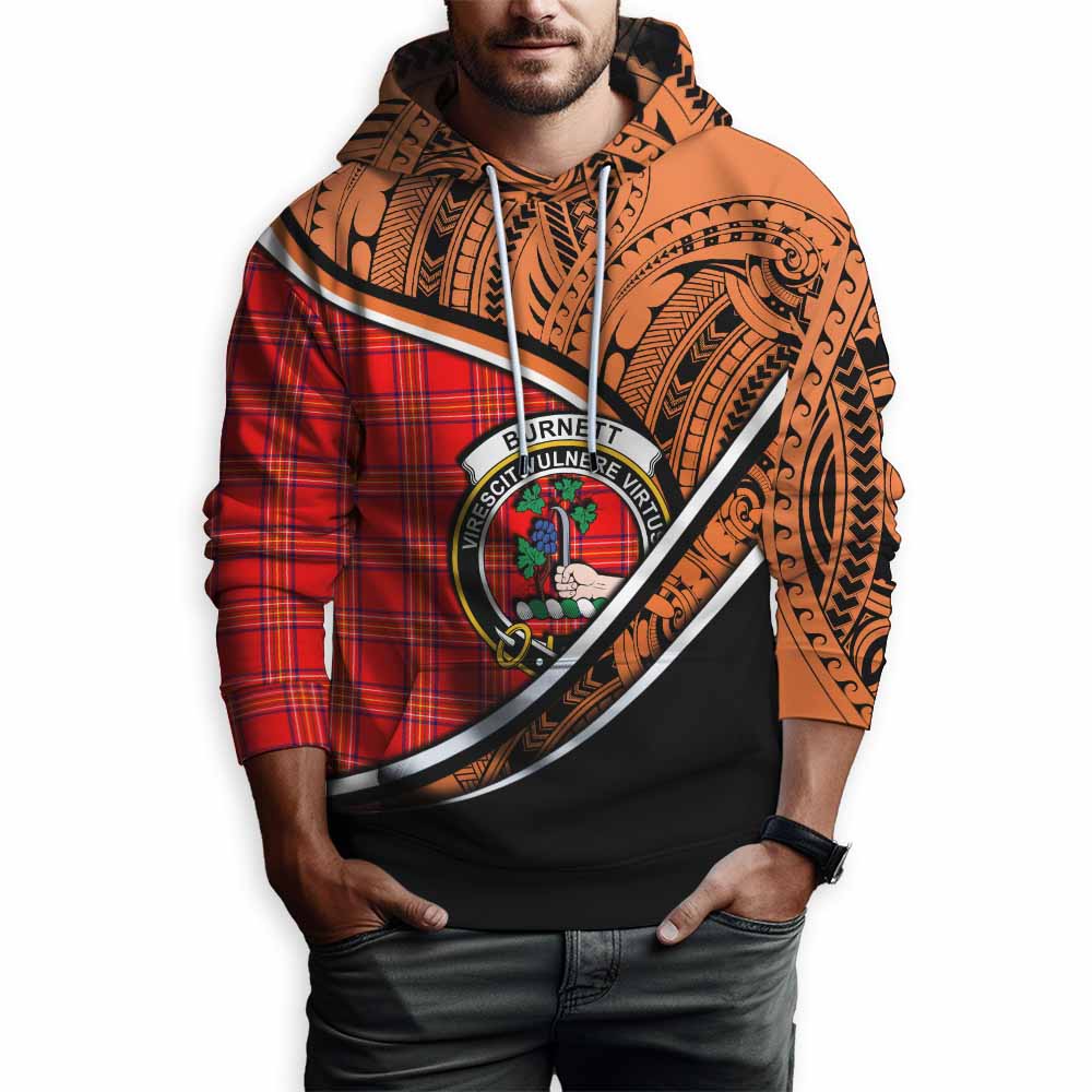 Tartan Vibes Clothing Burnett Crest Tartan Hoodie with Maori Tattoo Style - Orange Version