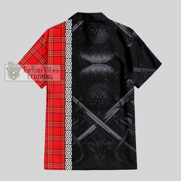 Burnett Tartan Short Sleeve Button Shirt with Family Crest Cross Sword Thistle Celtic Vibes