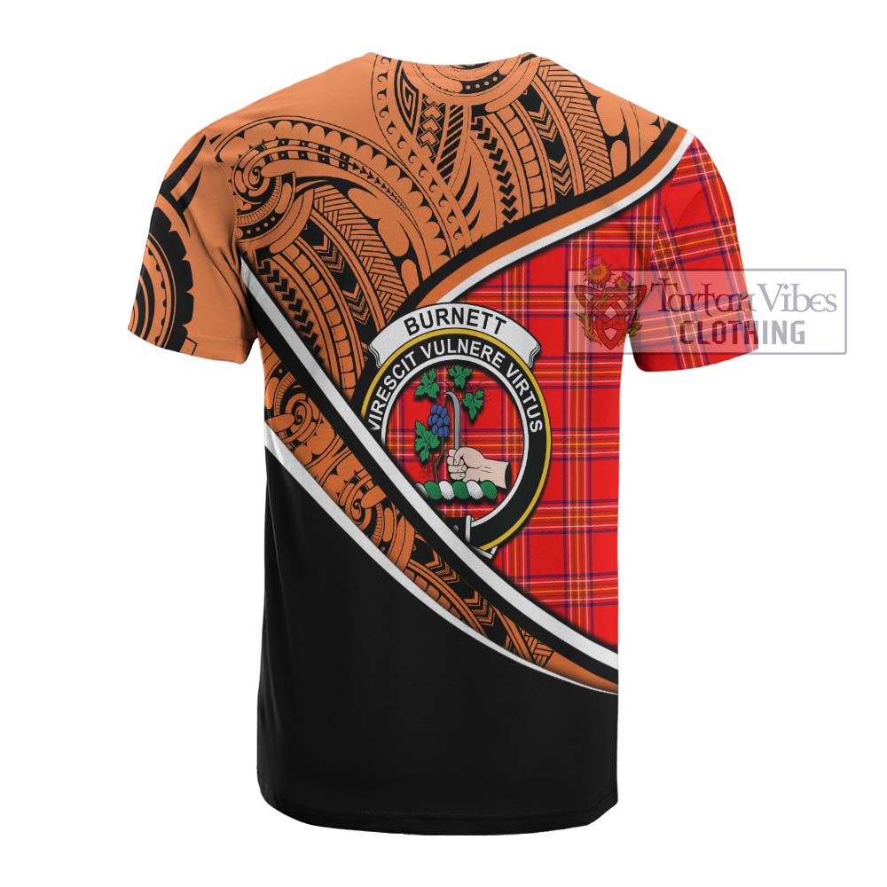 Tartan Vibes Clothing Burnett Crest Tartan Cotton T-shirt with Maori Tattoo Style - Orange Version