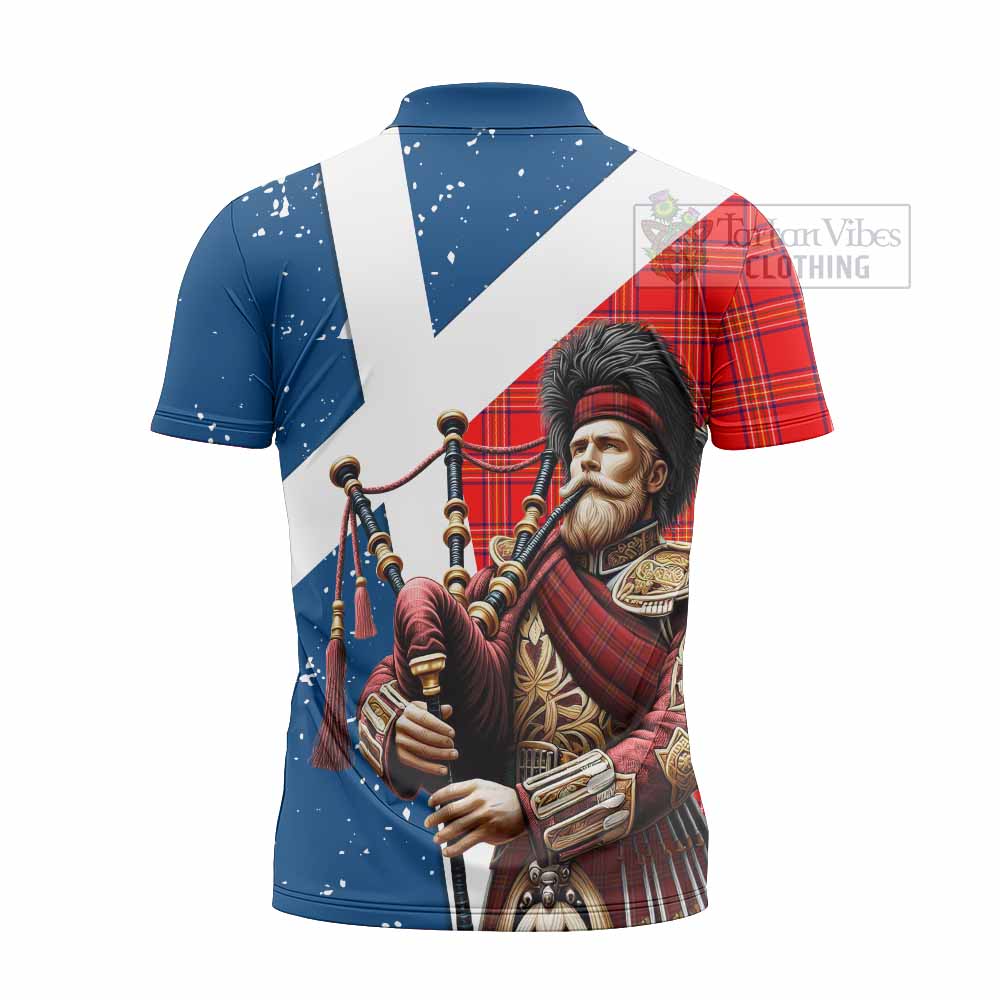 Tartan Vibes Clothing Burnett Tartan Zipper Polo Shirt with Family Crest Scottish Bagpiper Vibes