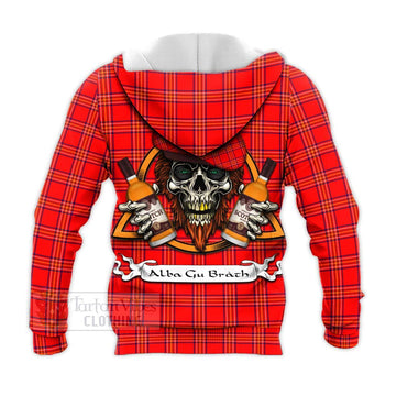 Burnett Tartan Knitted Hoodie with Family Crest and Bearded Skull Holding Bottles of Whiskey