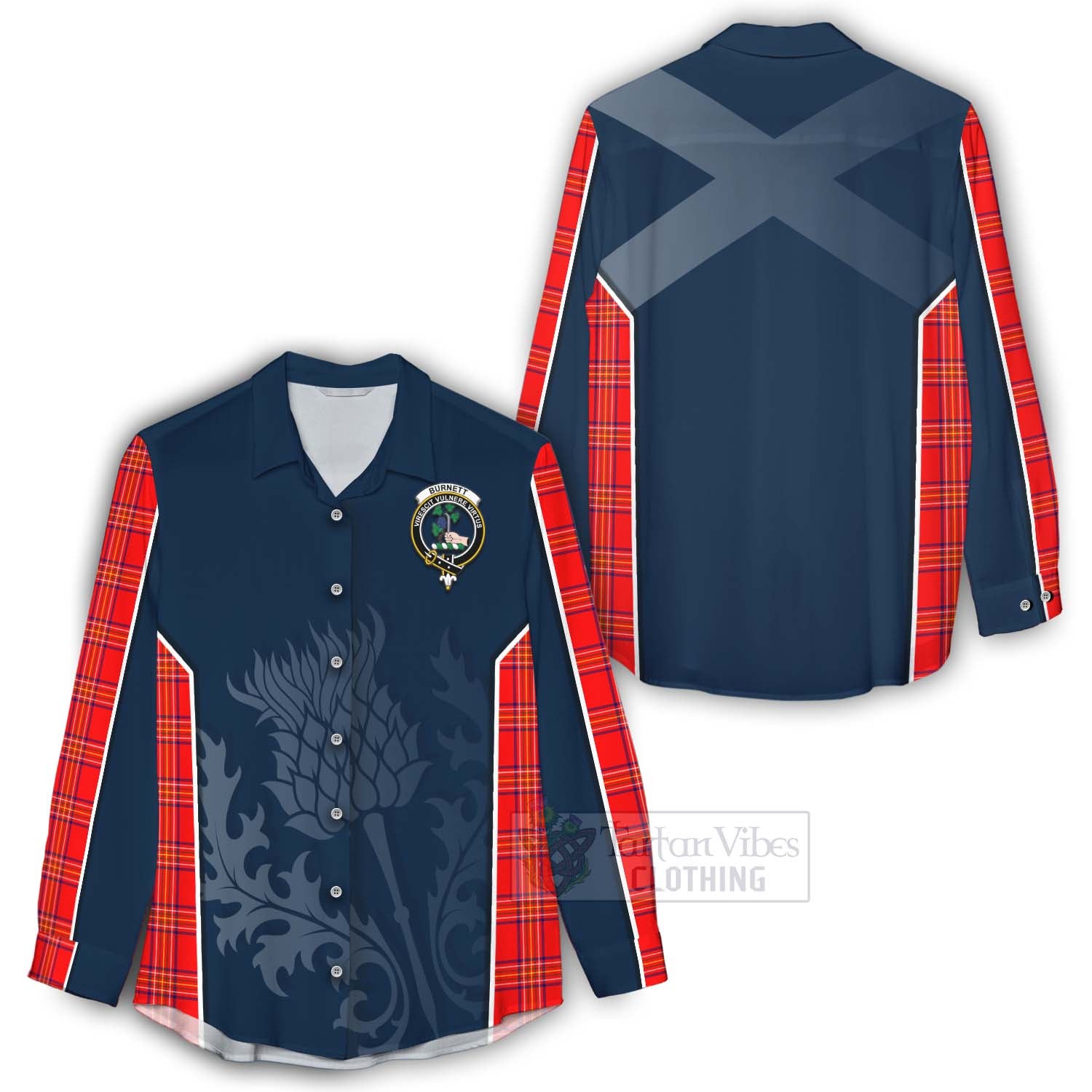 Tartan Vibes Clothing Burnett Tartan Women's Casual Shirt with Family Crest and Scottish Thistle Vibes Sport Style