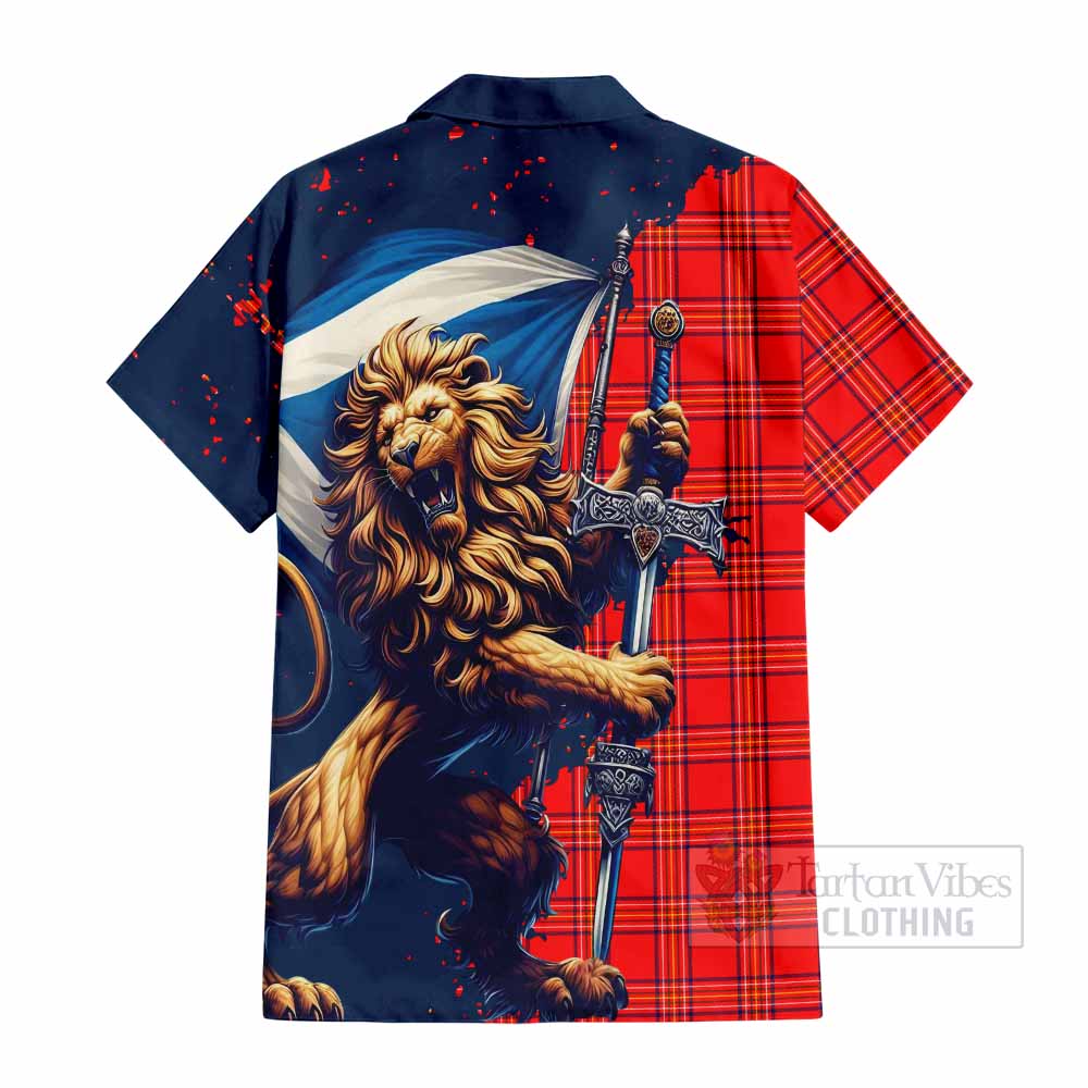 Tartan Vibes Clothing Burnett Tartan Family Crest Short Sleeve Button Shirt with Scottish Majestic Lion