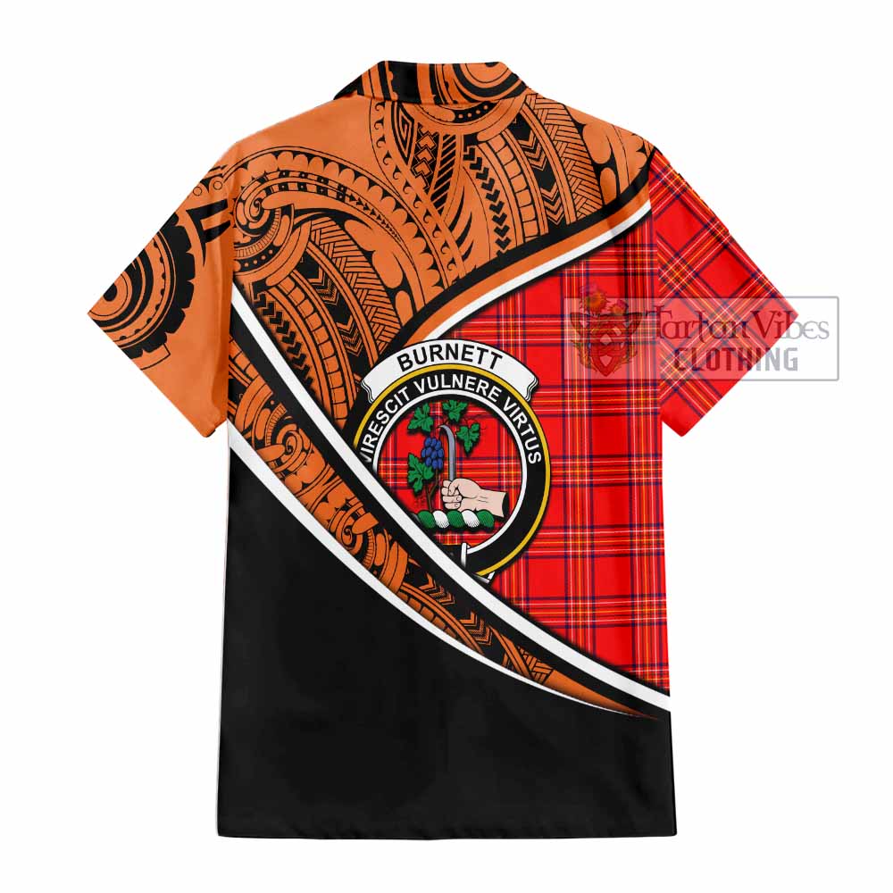 Tartan Vibes Clothing Burnett Crest Tartan Short Sleeve Button Shirt with Maori Tattoo Style - Orange Version