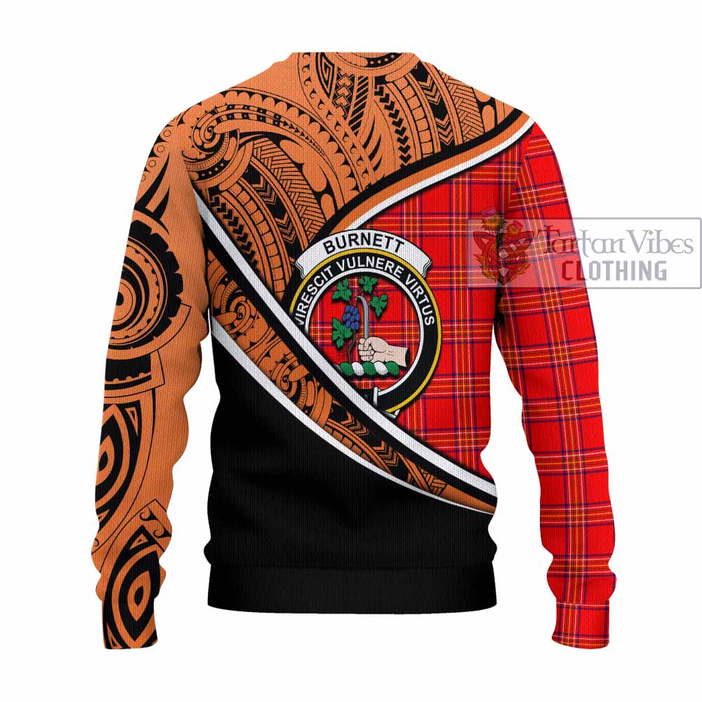 Tartan Vibes Clothing Burnett Crest Tartan Knitted Sweater with Maori Tattoo Style - Orange Version