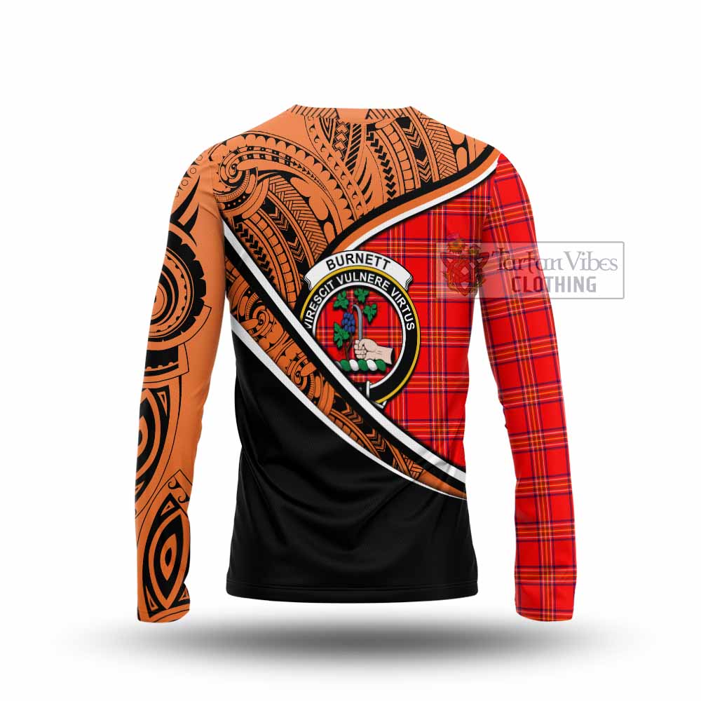 Tartan Vibes Clothing Burnett Crest Tartan Long Sleeve T-Shirt with Maori Tattoo Style - Orange Version