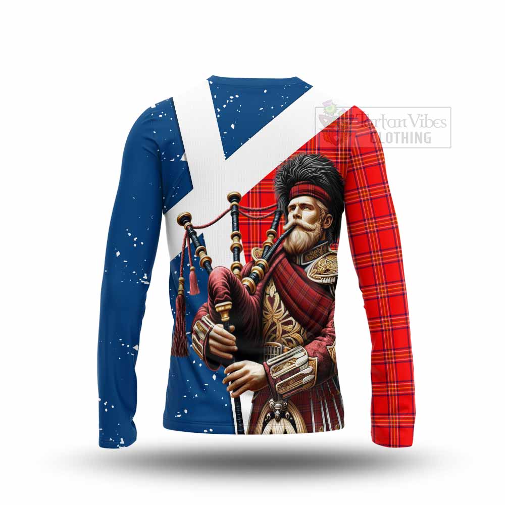 Tartan Vibes Clothing Burnett Tartan Long Sleeve T-Shirt with Family Crest Scottish Bagpiper Vibes