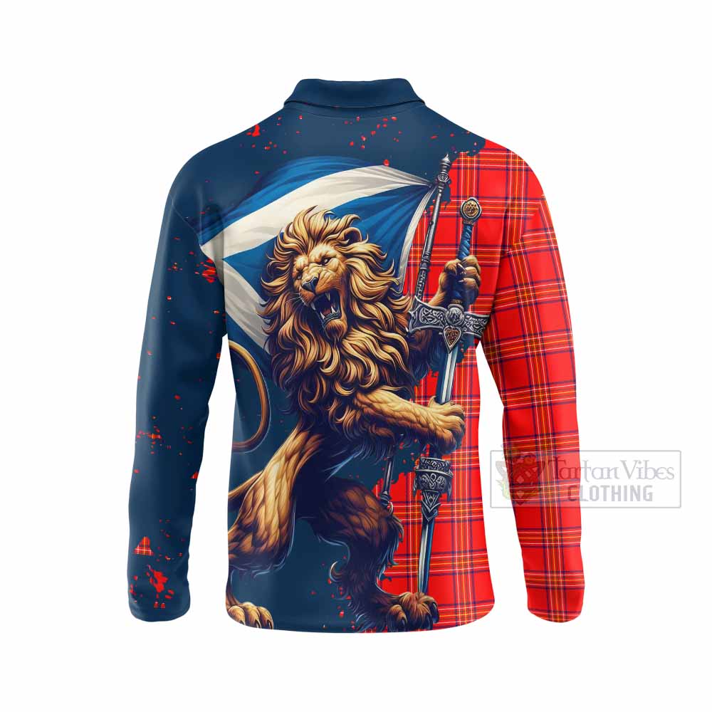 Tartan Vibes Clothing Burnett Tartan Family Crest Long Sleeve Polo Shirt with Scottish Majestic Lion