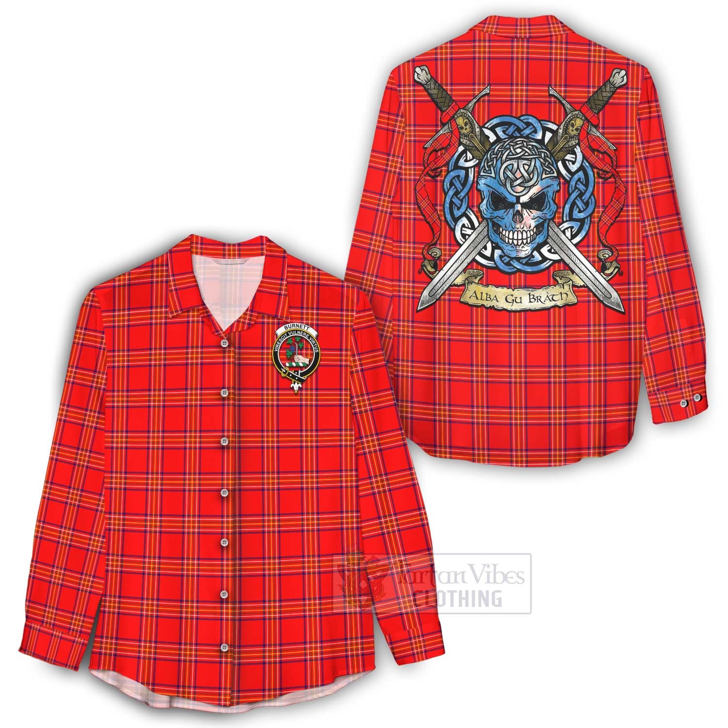 Tartan Vibes Clothing Burnett Tartan Women's Casual Shirt with Family Crest Celtic Skull Style