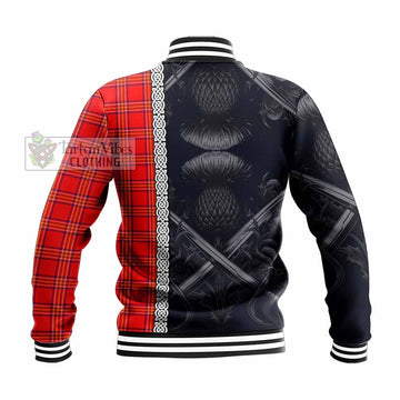 Burnett Tartan Baseball Jacket with Family Crest Cross Sword Thistle Celtic Vibes