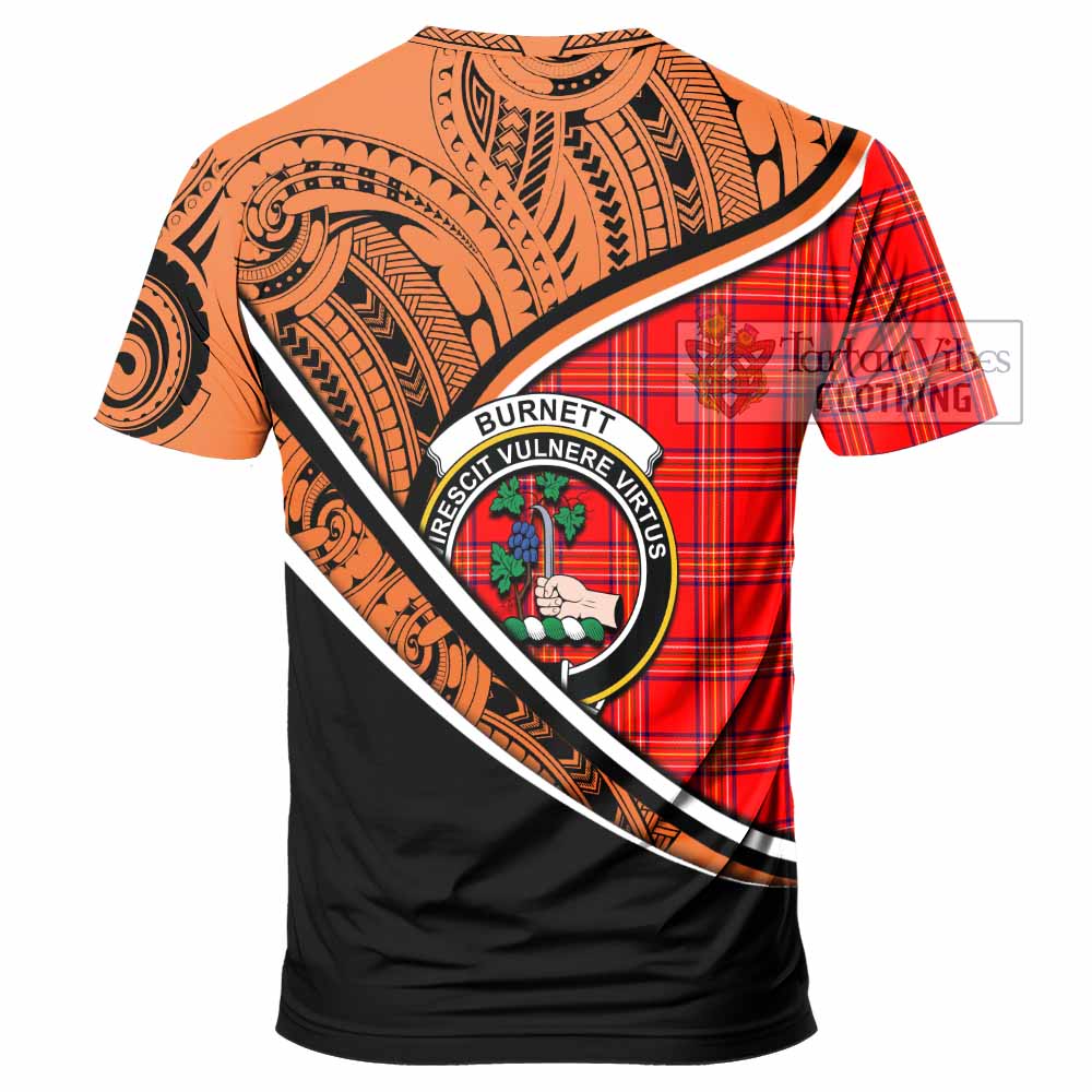 Tartan Vibes Clothing Burnett Crest Tartan T-Shirt with Maori Tattoo Style - Orange Version