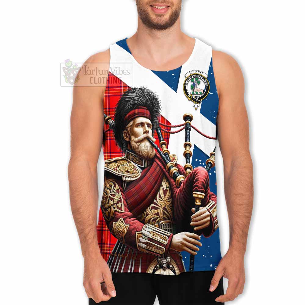 Burnett Tartan Men's Tank Top with Family Crest Scottish Bagpiper Vibes