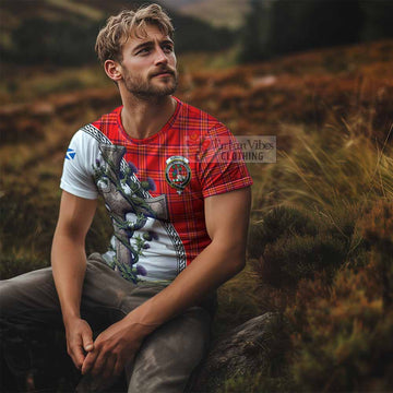 Burnett Tartan T-Shirt with Family Crest and St. Andrew's Cross Accented by Thistle Vines