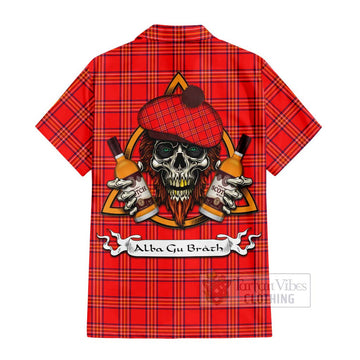 Burnett Tartan Short Sleeve Button Shirt with Family Crest and Bearded Skull Holding Bottles of Whiskey