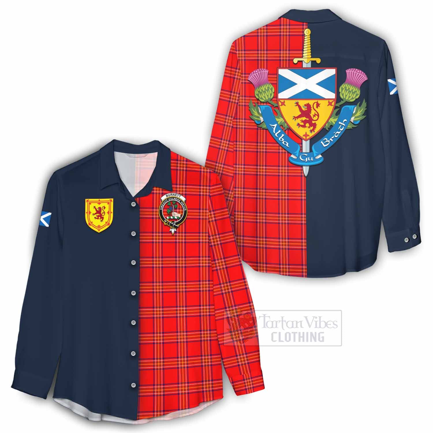 Tartan Vibes Clothing Burnett Tartan Women's Casual Shirt Alba with Scottish Lion Royal Arm Half Style