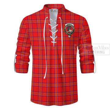 Burnett Tartan Ghillie Kilt Shirt with Family Crest and Bearded Skull Holding Bottles of Whiskey