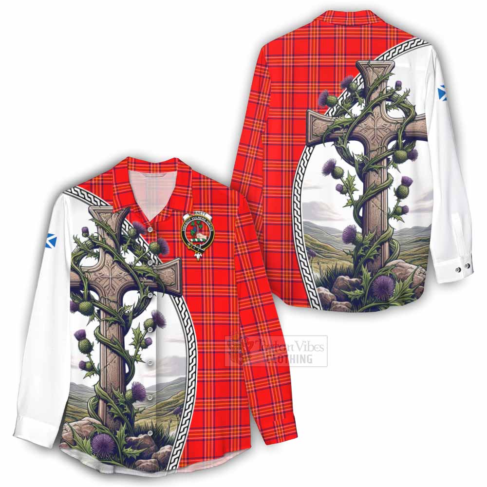 Tartan Vibes Clothing Burnett Tartan Women's Casual Shirt with Family Crest and St. Andrew's Cross Accented by Thistle Vines