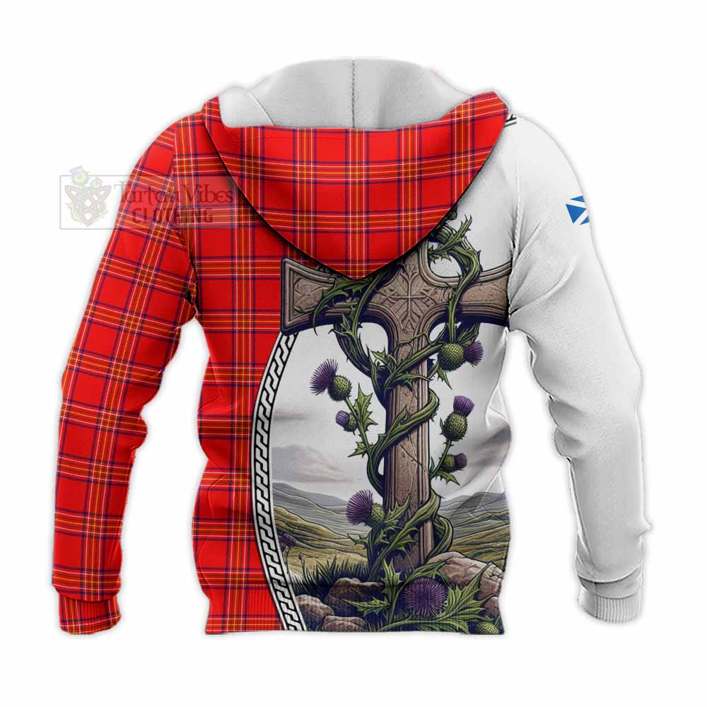 Tartan Vibes Clothing Burnett Tartan Knitted Hoodie with Family Crest and St. Andrew's Cross Accented by Thistle Vines