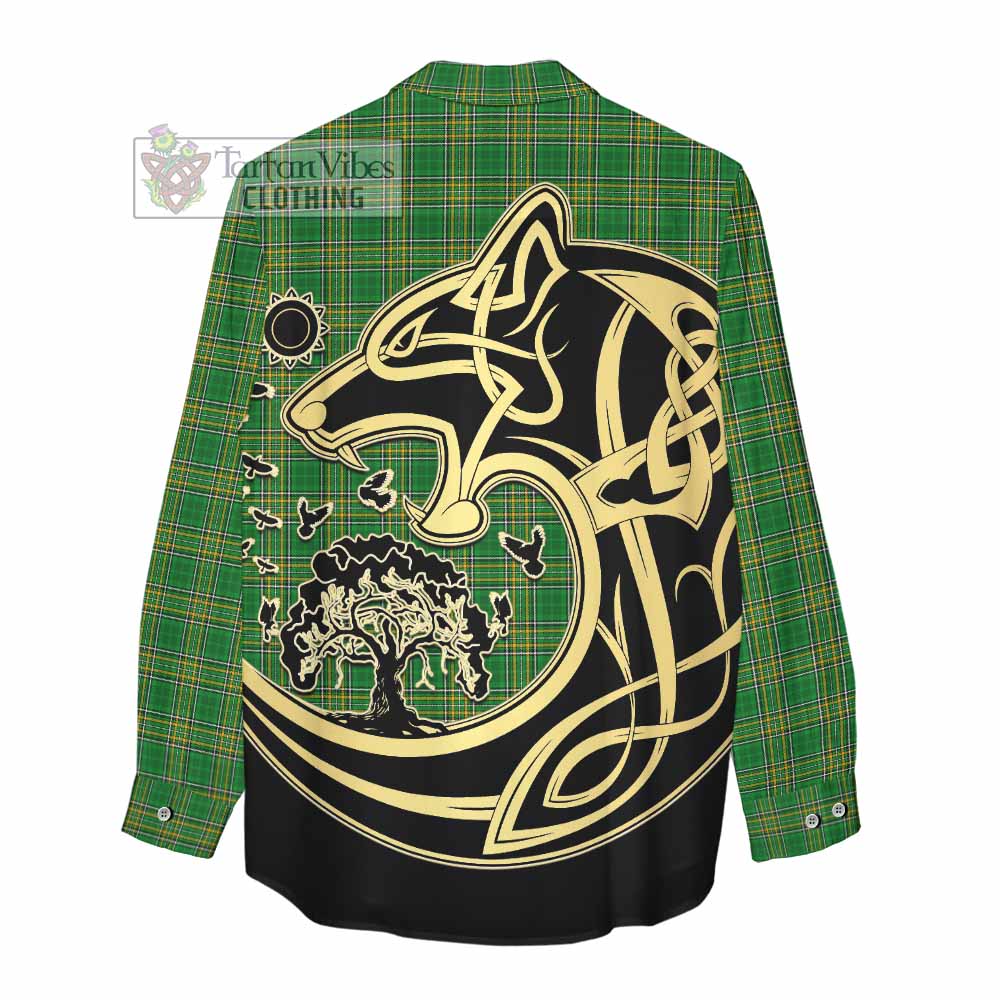 Burnett Irish Tartan Women's Casual Shirt with Coat of Arms Celtic Wolf Style - Tartan Vibes Clothing