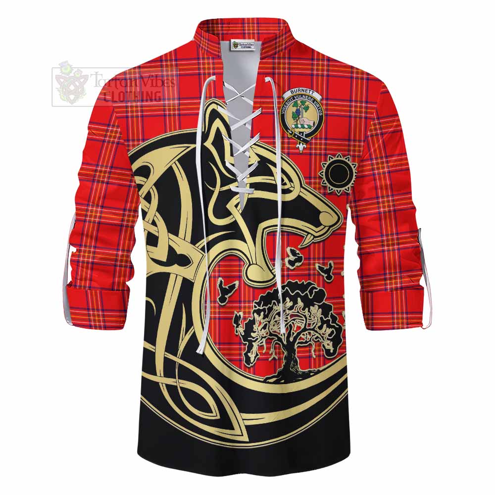 Tartan Vibes Clothing Burnett Tartan Ghillie Kilt Shirt with Family Crest Celtic Wolf Style