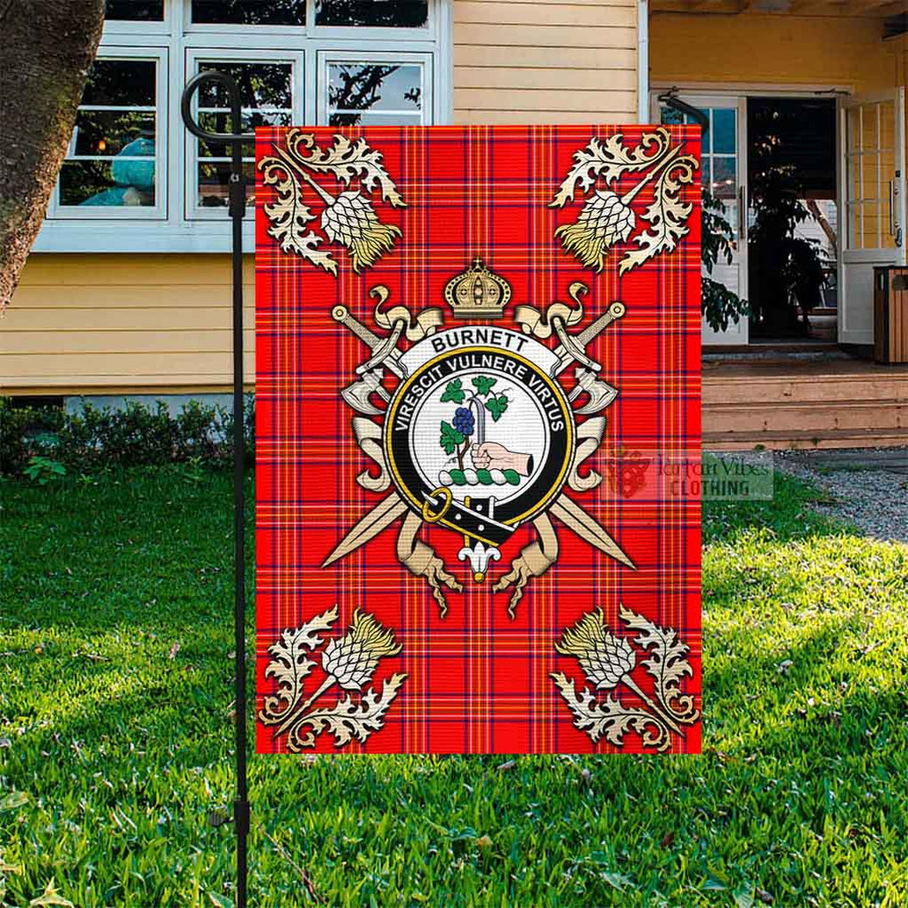 Tartan Vibes Clothing Burnett Tartan Flag with Family Crest and Golden Thistle Crossed Sword Design