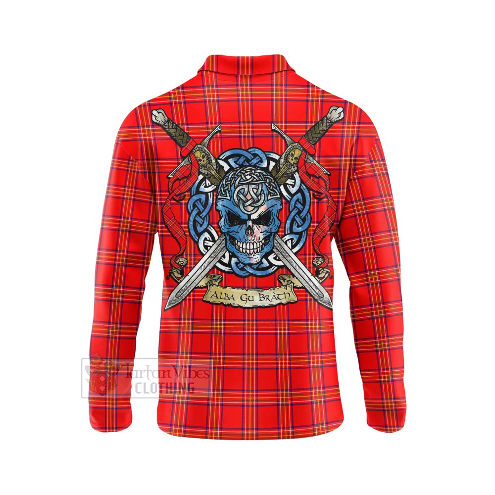 Tartan Vibes Clothing Burnett Tartan Long Sleeve Polo Shirt with Family Crest Celtic Skull Style