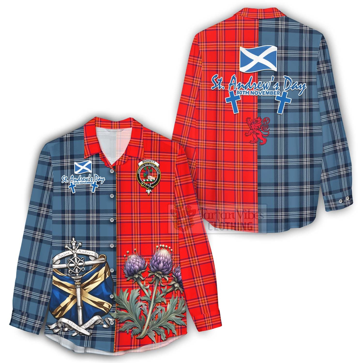 Tartan Vibes Clothing Burnett Tartan Women's Casual Shirt Happy St. Andrew's Day Half Tartan Style