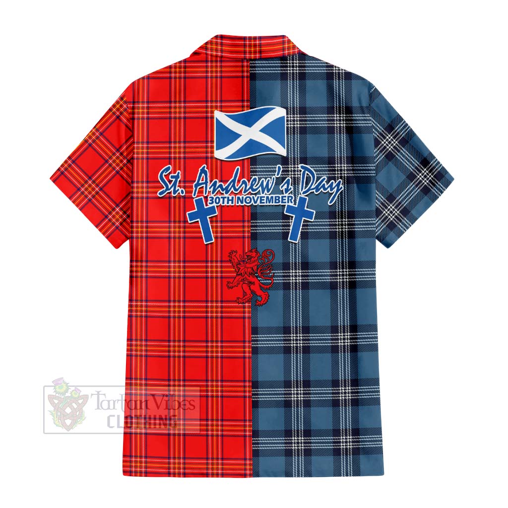 Tartan Vibes Clothing Burnett Tartan Short Sleeve Button Shirt Happy St. Andrew's Day Half Tartan Style