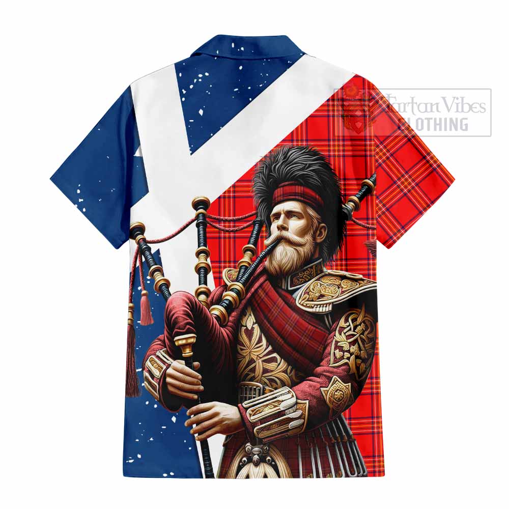 Tartan Vibes Clothing Burnett Tartan Short Sleeve Button Shirt with Family Crest Scottish Bagpiper Vibes