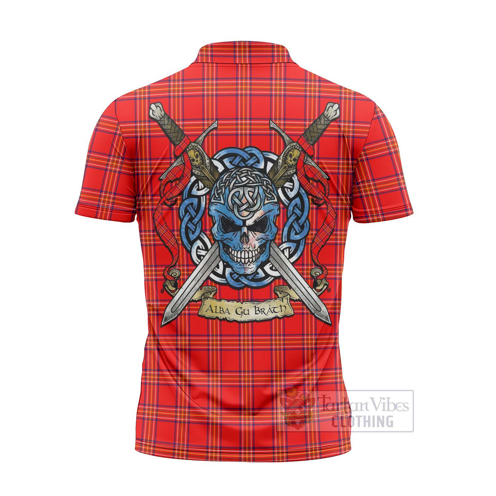 Tartan Vibes Clothing Burnett Tartan Zipper Polo Shirt with Family Crest Celtic Skull Style