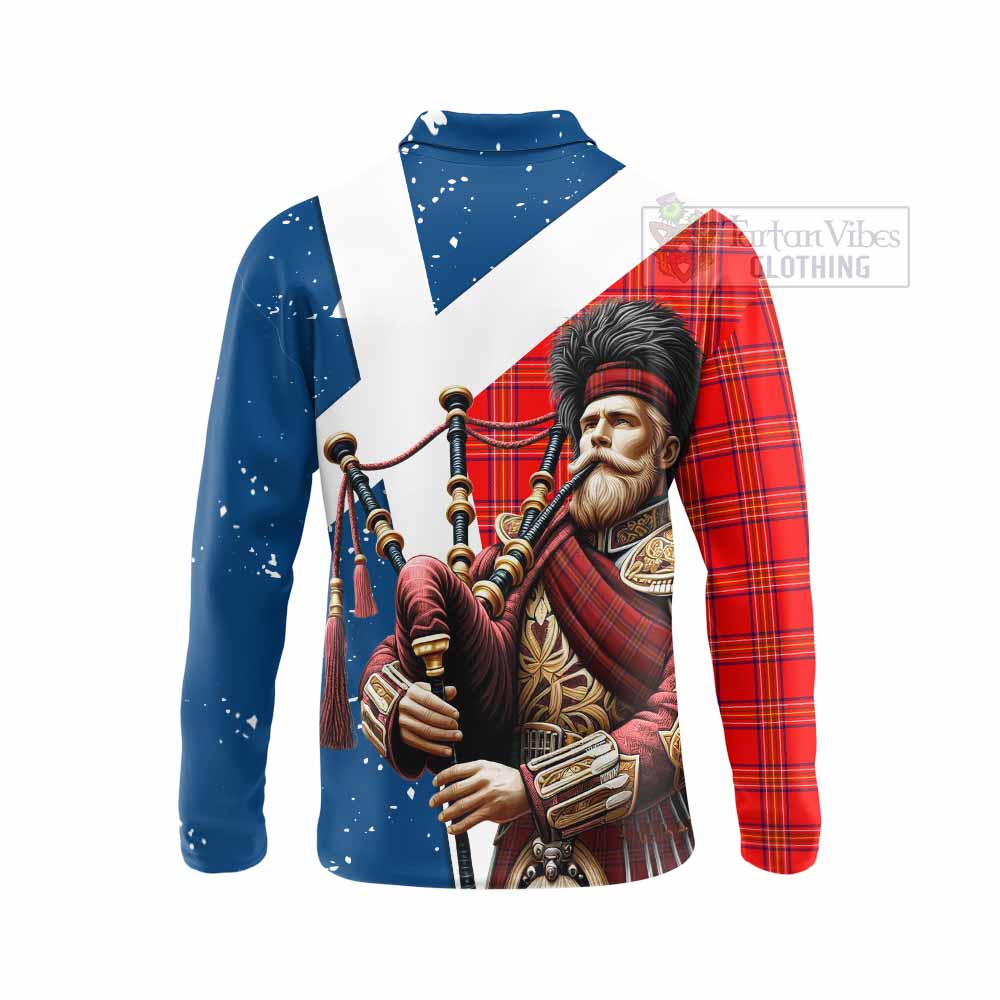 Tartan Vibes Clothing Burnett Tartan Long Sleeve Polo Shirt with Family Crest Scottish Bagpiper Vibes