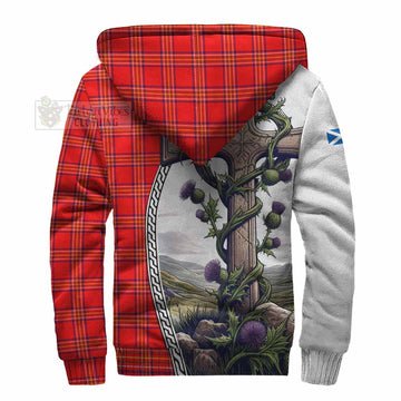 Burnett Tartan Sherpa Hoodie with Family Crest and St. Andrew's Cross Accented by Thistle Vines