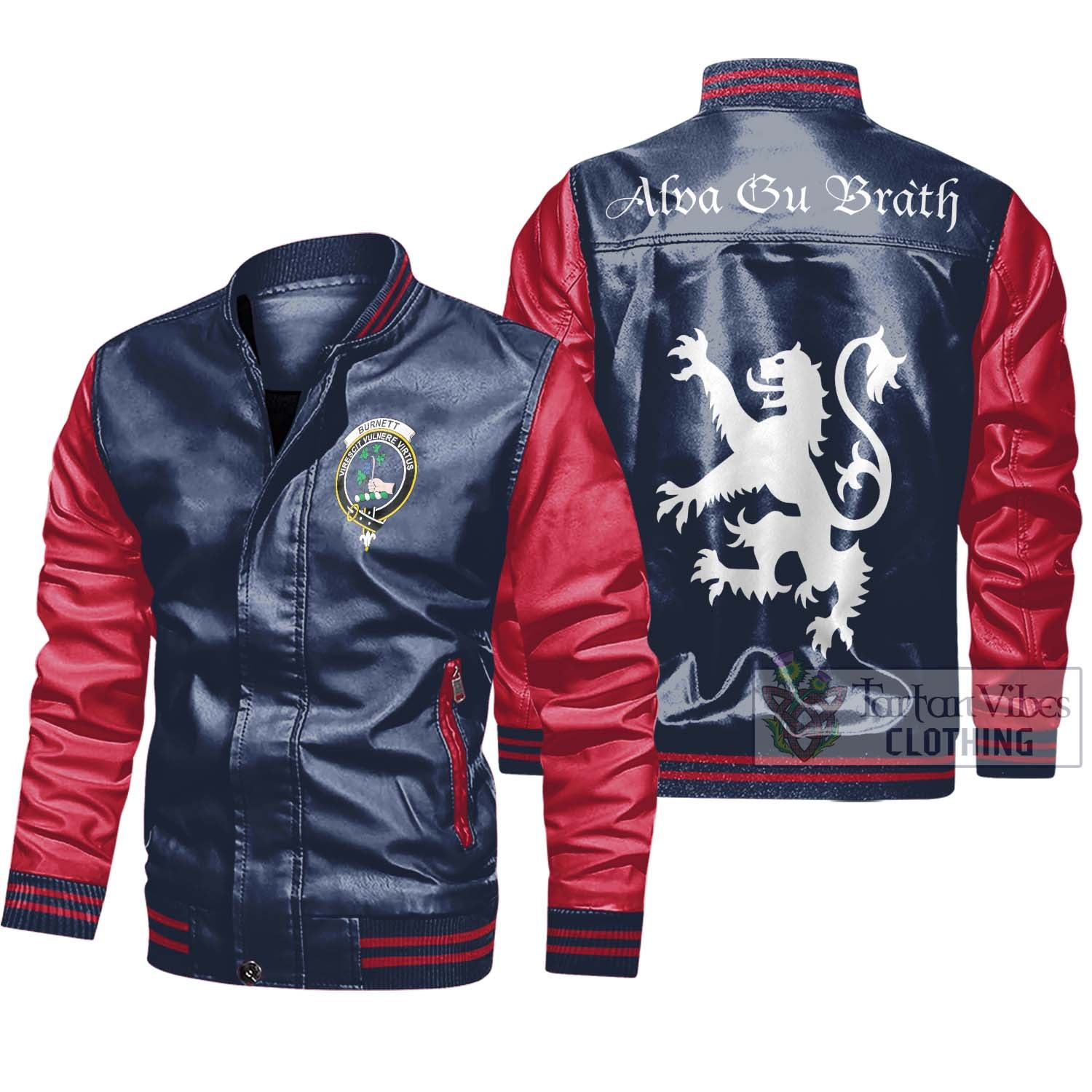 Tartan Vibes Clothing Burnett Family Crest Leather Bomber Jacket Lion Rampant Alba Gu Brath Style