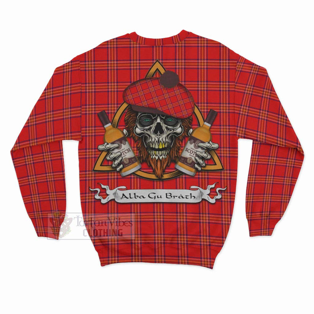 Tartan Vibes Clothing Burnett Tartan Sweatshirt with Family Crest and Bearded Skull Holding Bottles of Whiskey