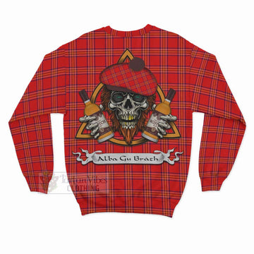 Burnett Tartan Sweatshirt with Family Crest and Bearded Skull Holding Bottles of Whiskey