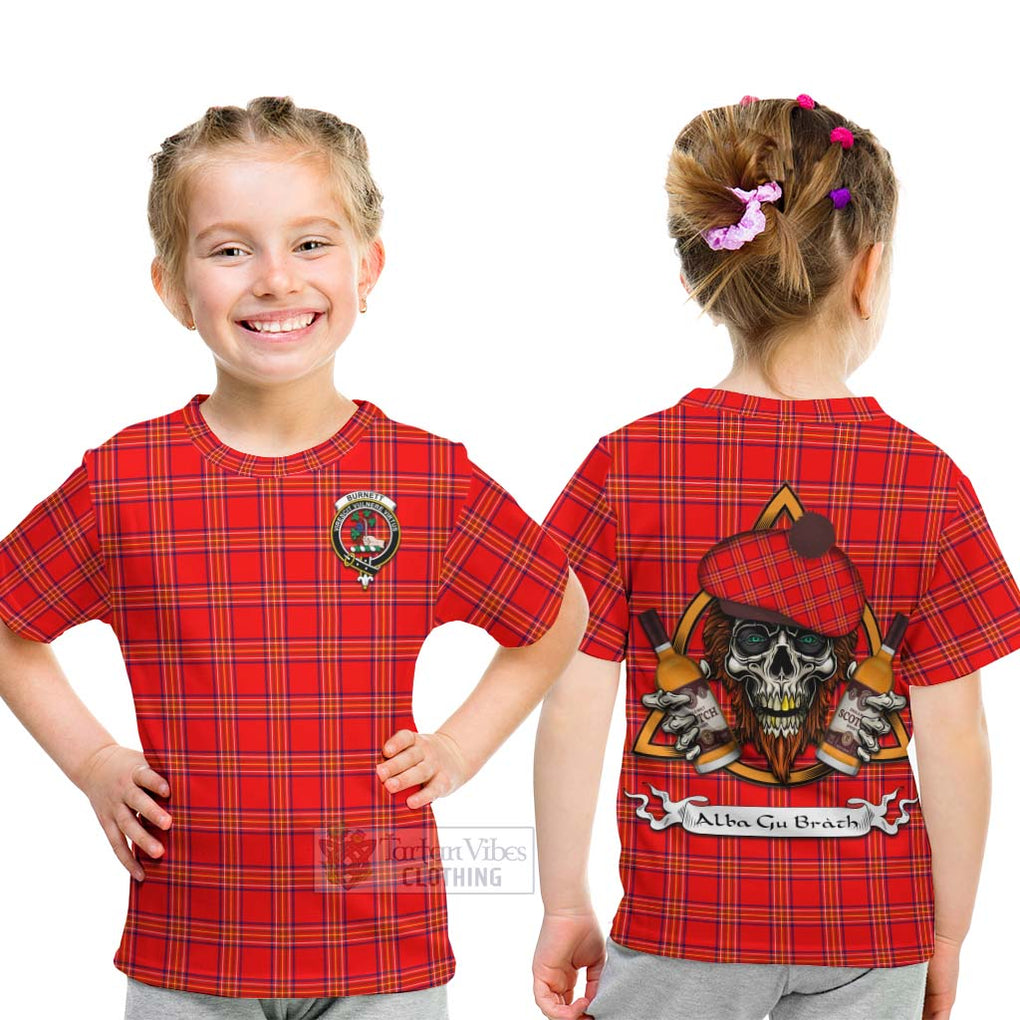 Tartan Vibes Clothing Burnett Tartan Kid T-Shirt with Family Crest and Bearded Skull Holding Bottles of Whiskey