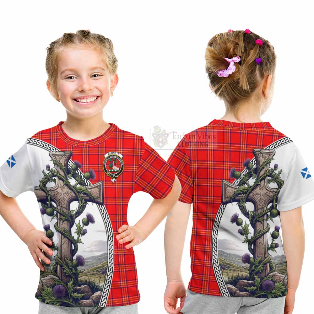 Tartan Vibes Clothing Burnett Tartan Kid T-Shirt with Family Crest and St. Andrew's Cross Accented by Thistle Vines