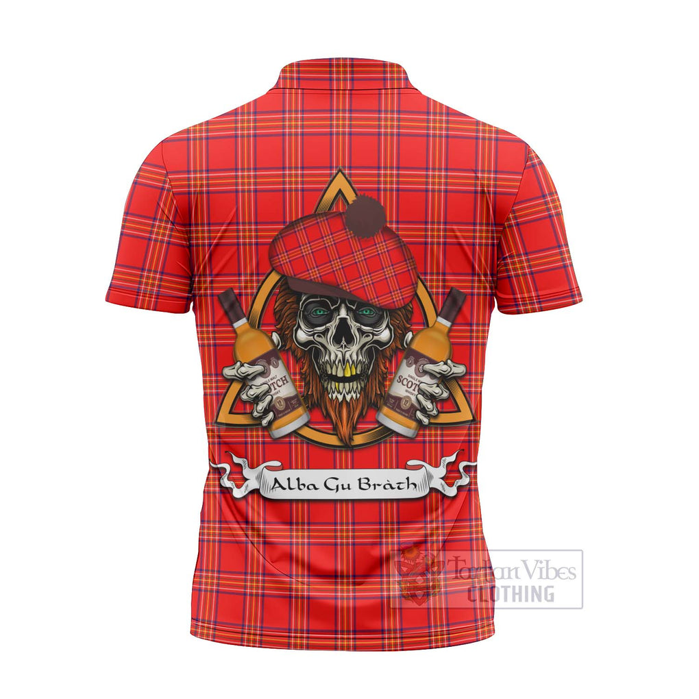 Tartan Vibes Clothing Burnett Tartan Zipper Polo Shirt with Family Crest and Bearded Skull Holding Bottles of Whiskey