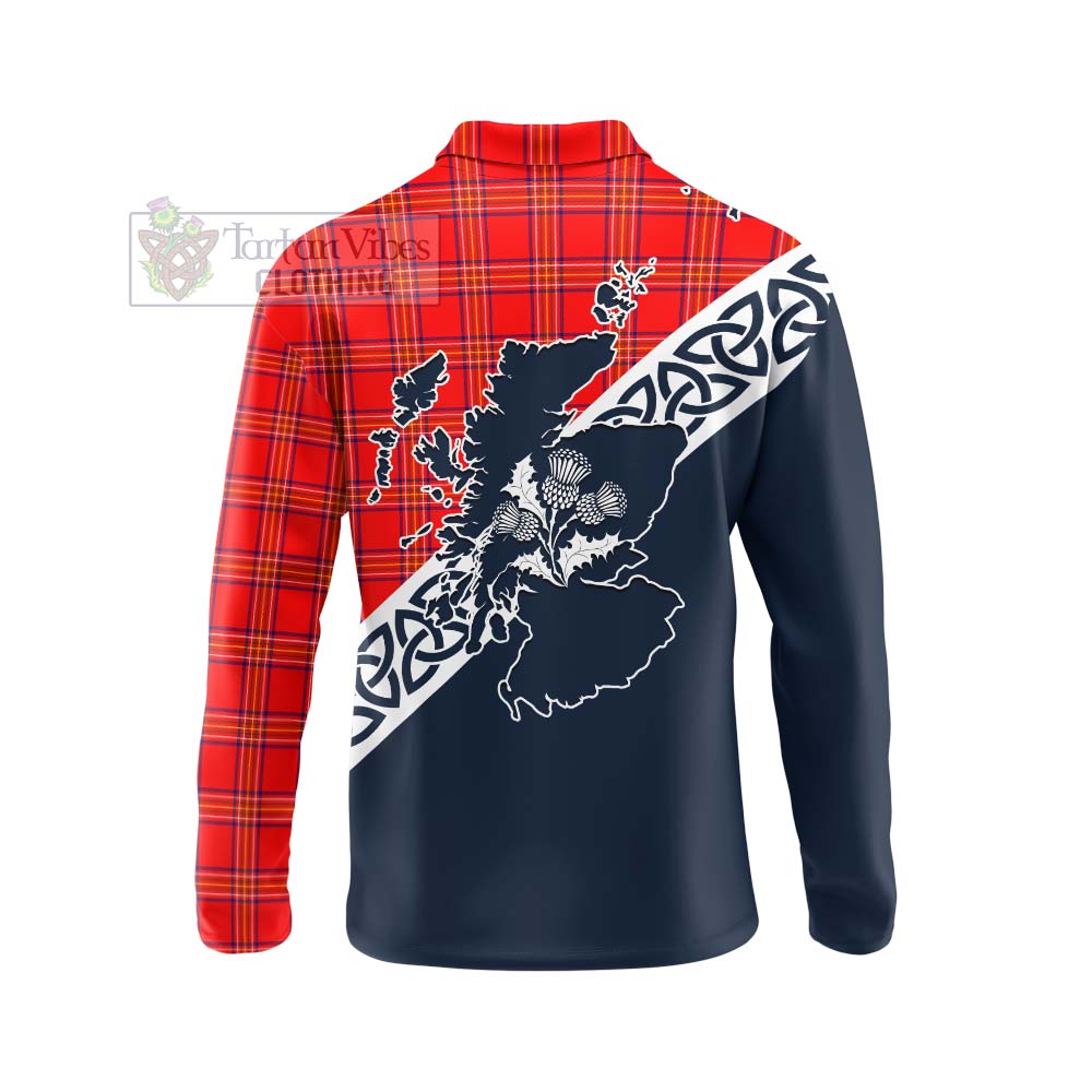 Tartan Vibes Clothing Burnett Tartan Long Sleeve Polo Shirt Featuring Thistle and Scotland Map