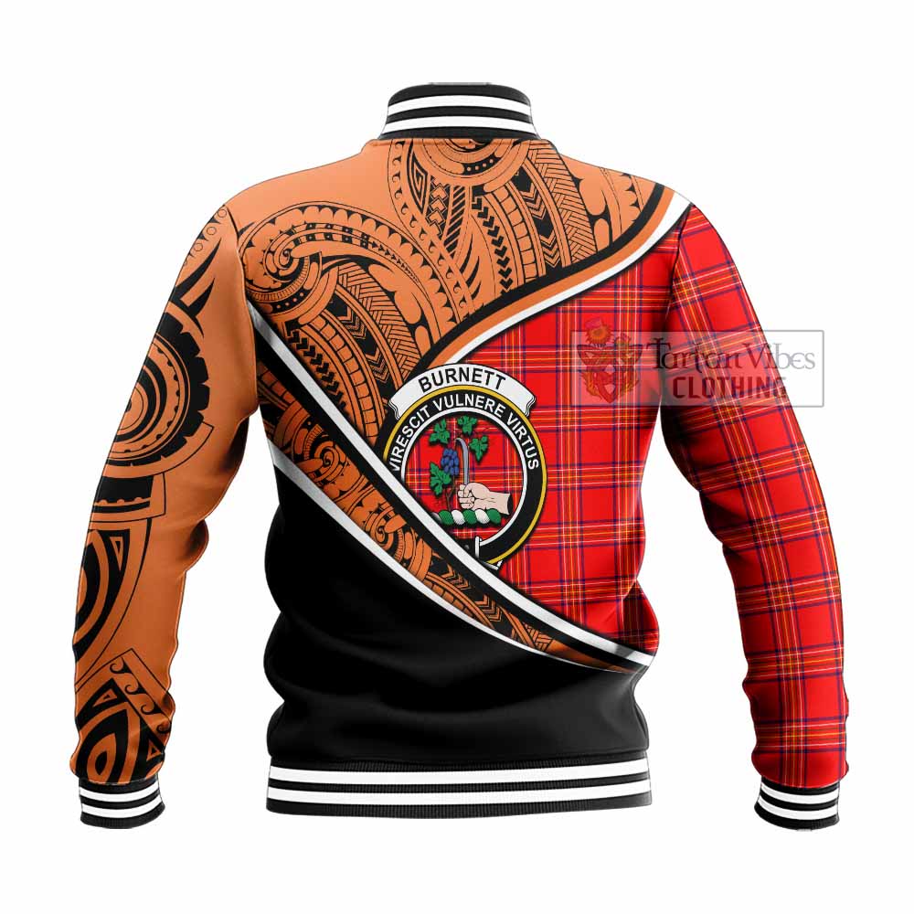 Tartan Vibes Clothing Burnett Crest Tartan Baseball Jacket with Maori Tattoo Style - Orange Version