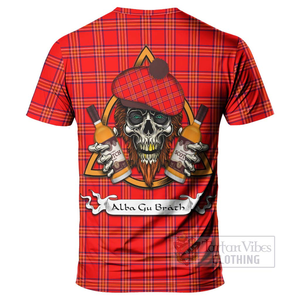 Tartan Vibes Clothing Burnett Tartan T-Shirt with Family Crest and Bearded Skull Holding Bottles of Whiskey