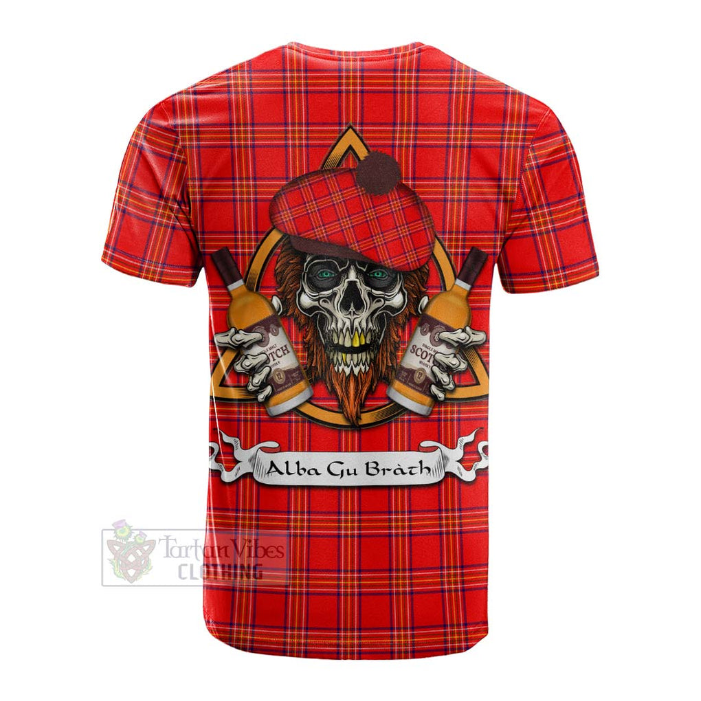 Tartan Vibes Clothing Burnett Tartan Cotton T-shirt with Family Crest and Bearded Skull Holding Bottles of Whiskey