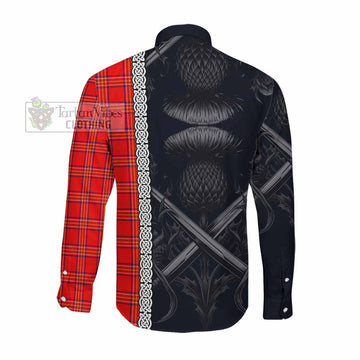 Burnett Tartan Long Sleeve Button Shirt with Family Crest Cross Sword Thistle Celtic Vibes